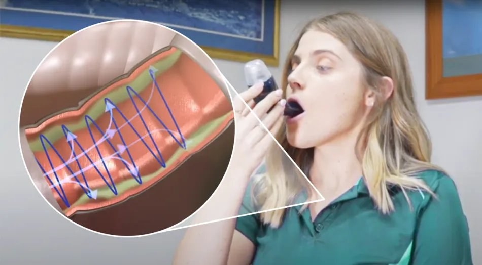 A woman using the AirPhysio device, with a cutaway showing oscillation loosening mucus in the airway